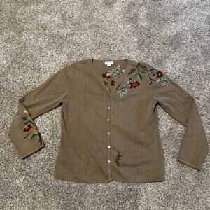 Northern Isles Cardigan Women Sz L Brown Floral Embroidered Ramie Cotton